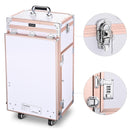 Foldable Rolling Manicure Table Nail Desk Makeup Train Case Cosmetic Trolley Travel Storage Organizer Nail Tables with 4 Drawers Mirror & Speaker for Technician Workstation Salon, Rose Gold