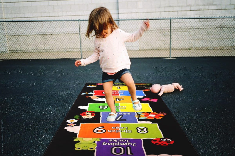 Mambu Essentials Hopscotch Rug - Kids Rug - Playroom rug for kids room, Daycare, Nursery - Cute Indoor or Outdoor Play Carpet for Children - Fun, Educational Games for Boys & Girls (Black)