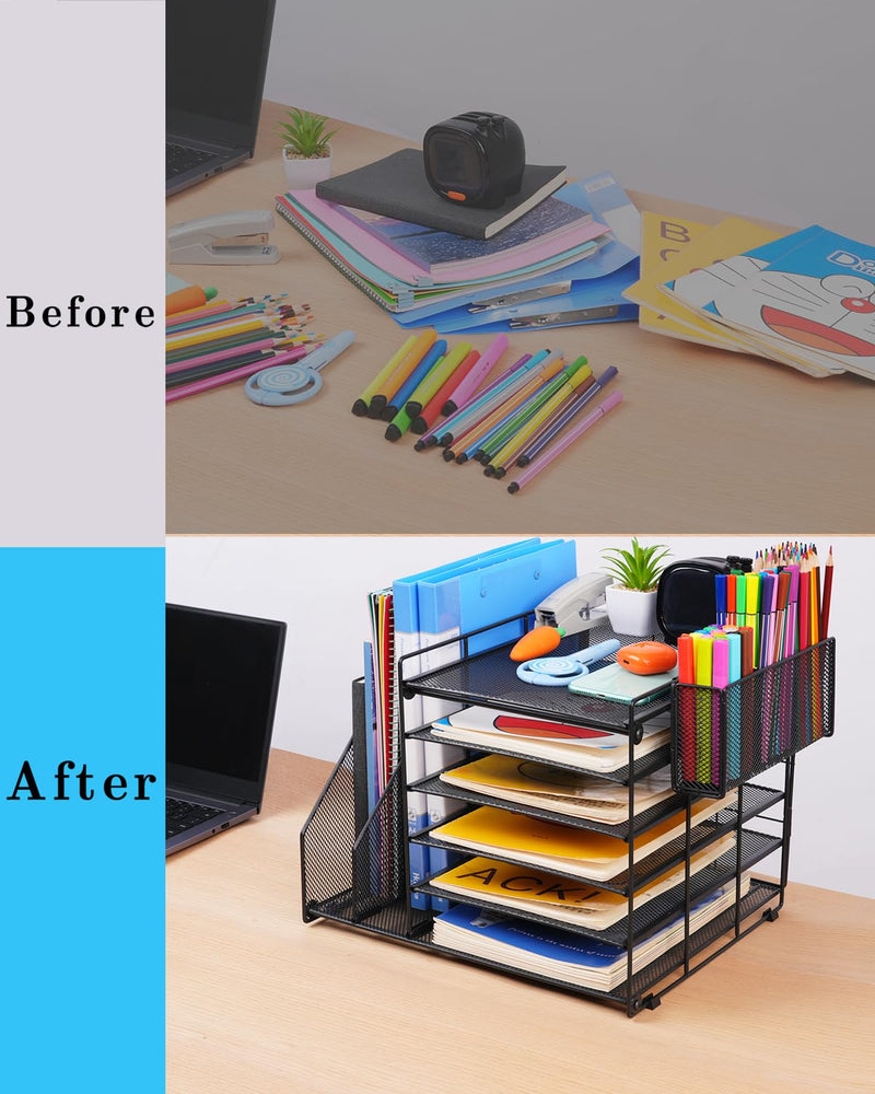 File Organizer for Desk, 6 Tier Desk Organizer Paper Tray with File Holder Pen Holder, Mesh Office Desk Accessories & Workspace Organizers (Black)