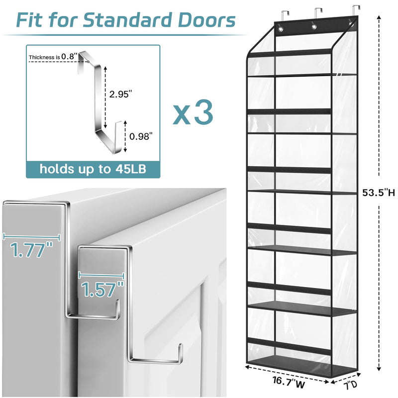 AOODA Clear Over The Door Hat Racks for Baseball Caps, Large Holds up to 72 Caps Hat Storage Organizer for Closet Wall, Deep Pockets Hanging Hat Holder with 3 Hooks, Black
