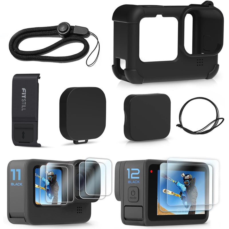 FitStill Black Silicone Sleeve Case for Go Pro Hero 12/Hero 11/Hero 10/Hero 9 Black,Battery Side Cover&Screen Protectors& Lens Caps&Lanyard for Go Pro Hero 12/11/10/9 Black Accessories Kit