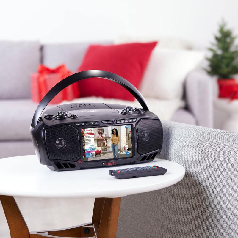 Aiwa Portable Boombox, Crystal Clear Sound with 3W x 2 Speakers and Bass Function, Featuring a 7" LCD Display, Bluetooth Connectivity, FM Radio, CD/DVD Player, Streaming on Roku and Amazon Firestick