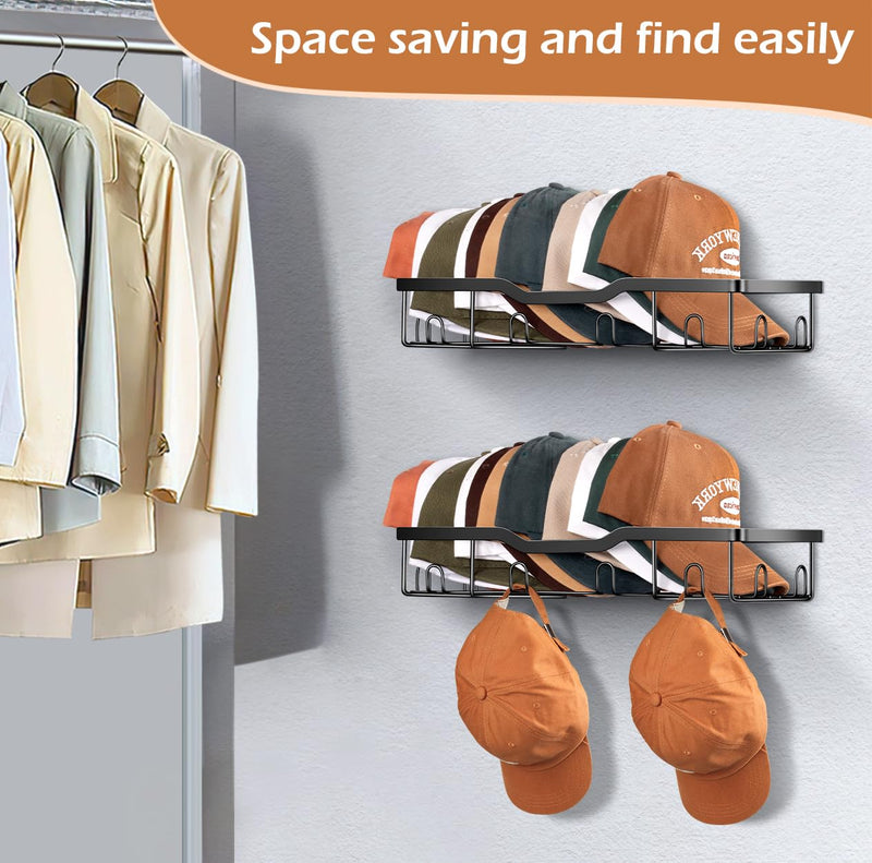 KEETDY Metal Hat Racks for Baseball Caps Wall Hat Organizer Fit 20 Caps Holder, 2 Packs Sturdy Wall Mounted Hat Storage Organizer, Black