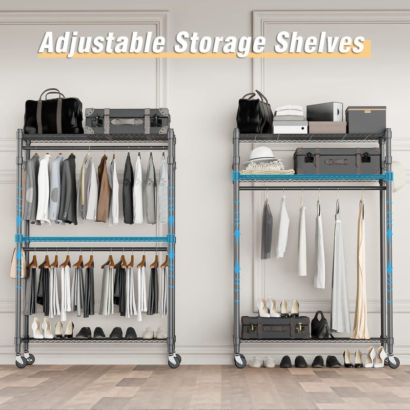 Homdox 3 Shelves Wire Shelving Clothing Rolling Rack Heavy Duty Commercial Grade Garment Rack with Wheels and Side Hooks (One Pair Hook and Two Hanging Rods Gray)