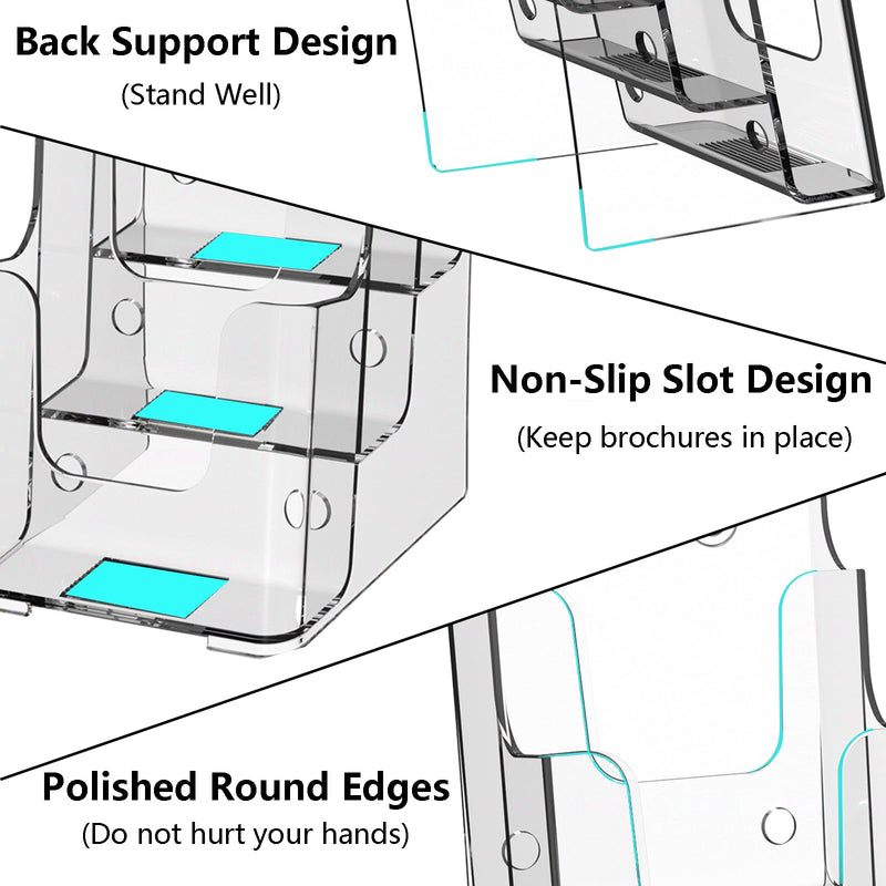 Cimlaga Acrylic Brochure Holder, 3 Tier Brochure Display Stand 4-Inch Wide Clear Literature Holder Plastic Pamphlet Holder Multi Pocket, Wall Mount or Countertop Use(2 Pack)