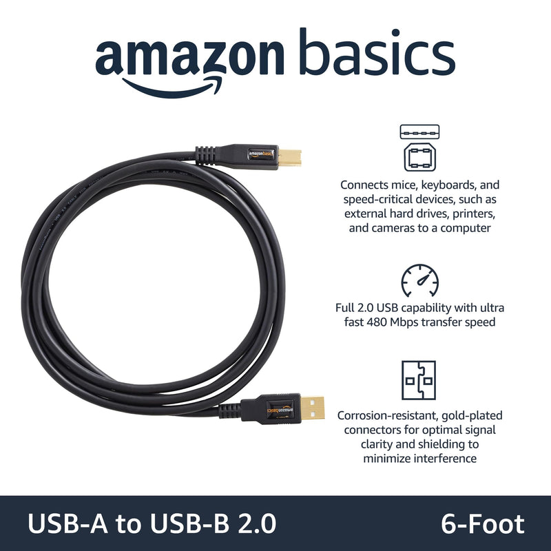 Amazon Basics USB-A to USB-B 2.0 Cable with 480 Mbps Transfer Speed for Printer or External Hard Drive, Gold-Plated Connectors, 6 Foot, Black