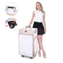 Foldable Rolling Manicure Table Nail Desk Makeup Train Case Cosmetic Trolley Travel Storage Organizer Nail Tables with 4 Drawers Mirror & Speaker for Technician Workstation Salon, Rose Gold