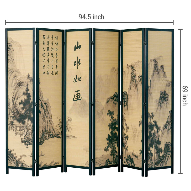 MyGift Decorative 6 Panel Folding Room Divider Bamboo Screen with Chinese Calligraphy Design, Freestanding Floral Artwork Room Partitioner with Black Wood Frame