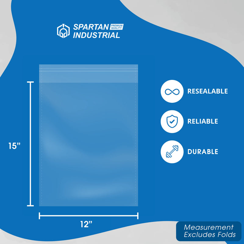 Spartan Industrial - 12" X 15" (100 Count) Crystal Clear Resealable Cello Poly Bags for Packaging, Clothing & T Shirts - Self Seal & Reinforced