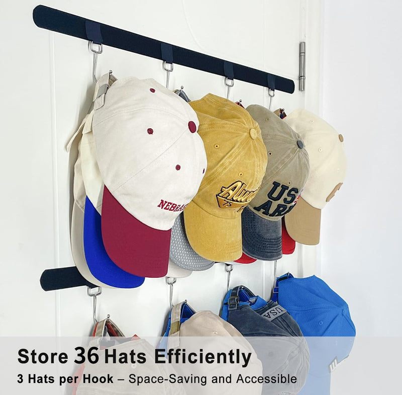 ETOWIFA Adhesive Hat Organizer Rack for Baseball Caps [Up to 36 Caps] Hat Hangers Holder Display for Wall, Over Door Closet, Room/College Dorm Storage - 3 Magic Strips with 12 Removable Hooks