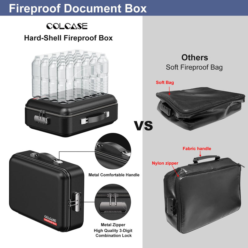 COLCASE Fireproof Document Box, Hard Case Fireproof Box with Lock Hard-Shell Design Fireproof Water Resistant Safe Box File Organizer for Important Documents Certificates Laptop Passports Black