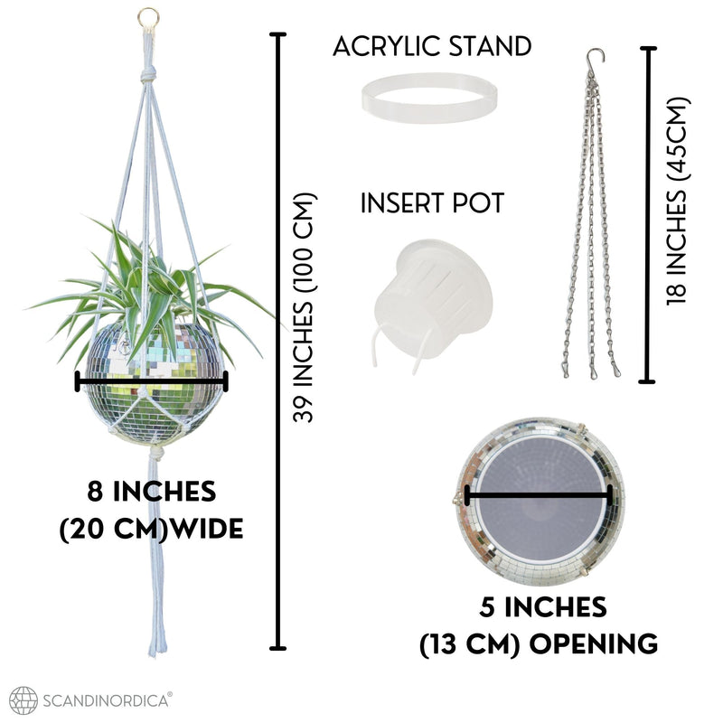 SCANDINORDICA Disco Ball Planter – Value Package: Disco Planter with Chain, Macrame Hanger and Acrylic Stand, Includes Self Watering Insert, Preppy Room Decor, Funky Decor | 8 inch Silver