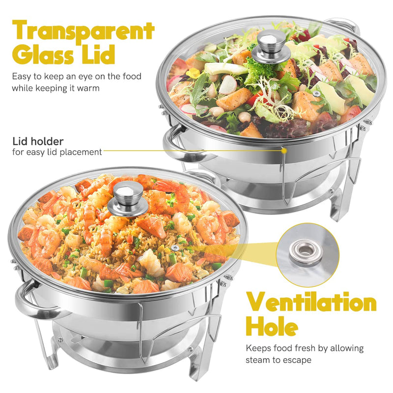 BriSunshine Chafing Dish Buffet Set 6 Packs, 5 QT Stainless Steel Round Chafing Dishes with Glass Lid & Lid Holder, Food Warmer For Parties Buffet Weddings Catering Events