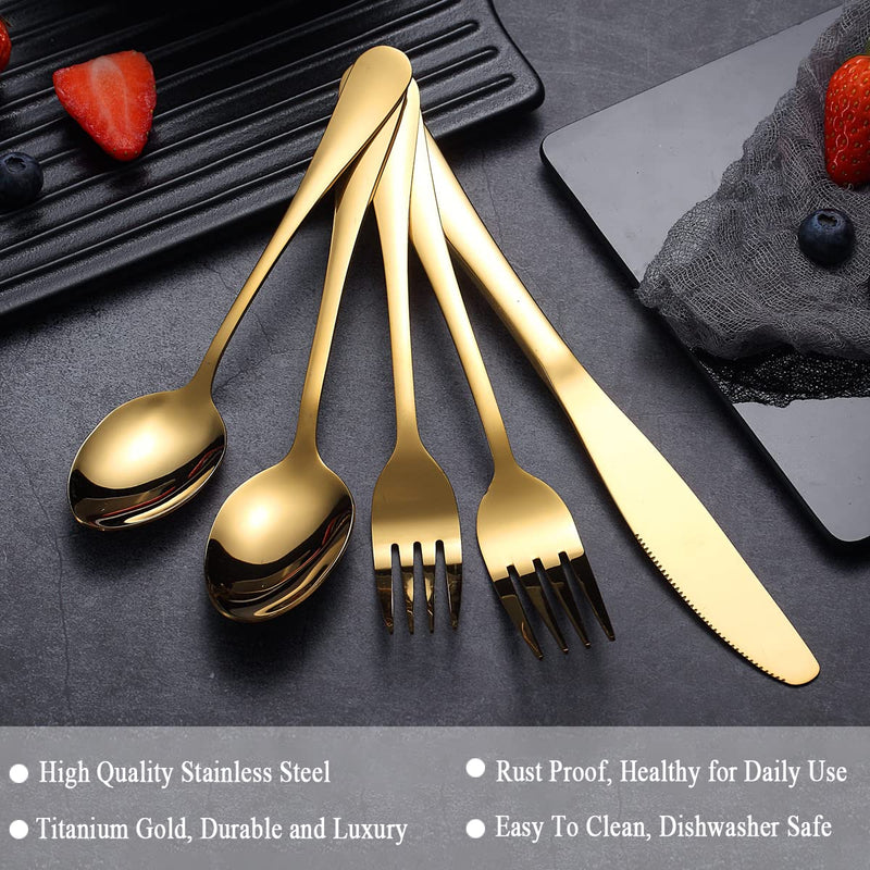 Berglander Flatware Set 20 Piece, Stainless Steel With Titanium Gold Plated, Golden Color Flatware Set, Silverware, Cutlery Set Service For 4 (Shiny Gold)