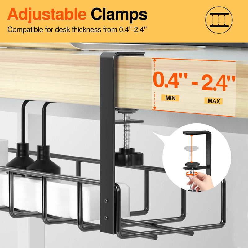 Xpatee 2 Pack Cable Management Under Desk Tray, 31.4" No Drill Under Desk Wire Management with Upgraded Clamp, Metal Cord Organizers for Desk with Cable Organizers, PC Cable Management Rack, Black