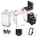 Foldable Rolling Manicure Table Nail Desk Makeup Train Case Cosmetic Trolley Travel Storage Organizer Nail Tables with 4 Drawers Mirror & Speaker for Technician Workstation Salon, Rose Gold