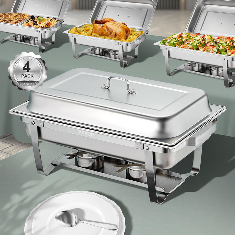 VEVOR Chafing Dish Buffet Set, 8 Qt 4 Pack, Stainless Chafer w/ 4 Full Size Pans, Rectangle Catering Warmer Server w/Lid Water Pan Folding Stand Fuel Tray Holder Spoon Clip, at Least 8 People Each