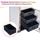 Foldable Rolling Manicure Table Nail Desk Makeup Train Case Cosmetic Trolley Travel Storage Organizer Nail Tables with 4 Drawers Mirror & Speaker for Technician Workstation Salon, Rose Gold