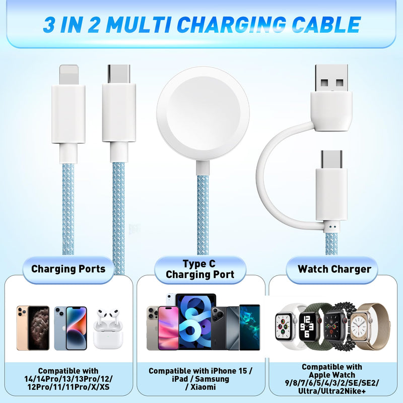 𝐔𝐩𝐠𝐫𝐚𝐝𝐞𝐝 𝐑𝐚𝐩𝐢𝐝 𝐅𝐚𝐬𝐭 Charging USB C Watch Phone Charger 3 in 2 Cable, Compatible with Apple Watch Ultra SE Series 1-8, Universal Travel Multi Devices All in One Cord, 4FT/1.2M-Blue