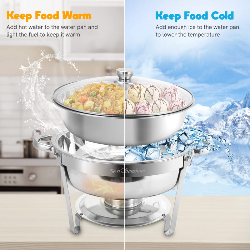 BriSunshine Chafing Dish Buffet Set 6 Packs, 5 QT Stainless Steel Round Chafing Dishes with Glass Lid & Lid Holder, Food Warmer For Parties Buffet Weddings Catering Events