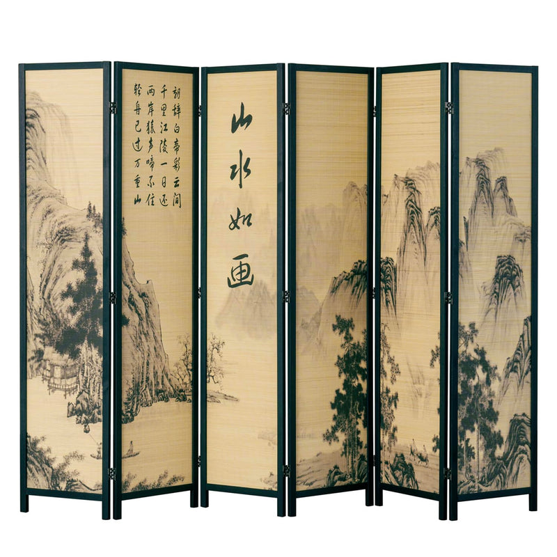 MyGift Decorative 6 Panel Folding Room Divider Bamboo Screen with Chinese Calligraphy Design, Freestanding Floral Artwork Room Partitioner with Black Wood Frame