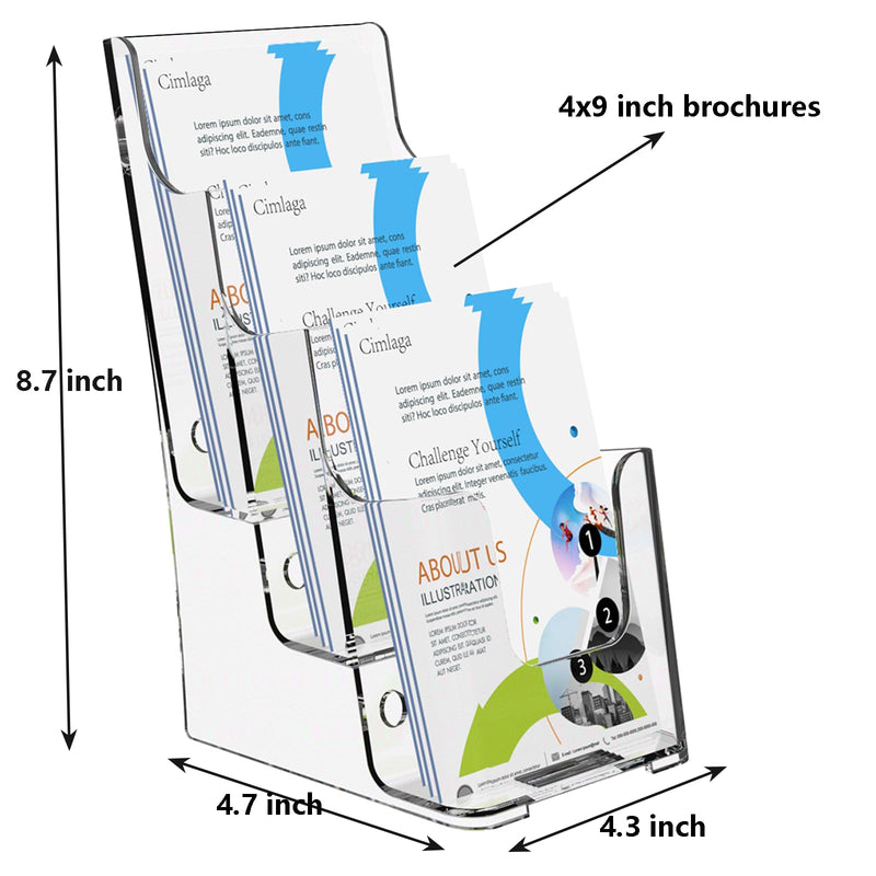 Cimlaga Acrylic Brochure Holder, 3 Tier Brochure Display Stand 4-Inch Wide Clear Literature Holder Plastic Pamphlet Holder Multi Pocket, Wall Mount or Countertop Use(2 Pack)