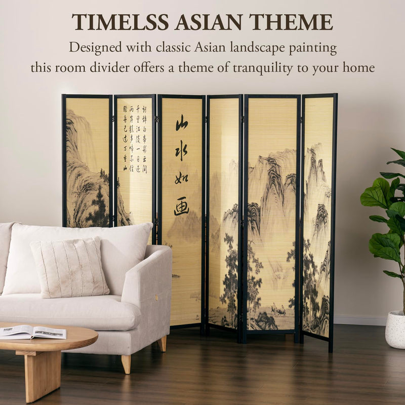 MyGift Decorative 6 Panel Folding Room Divider Bamboo Screen with Chinese Calligraphy Design, Freestanding Floral Artwork Room Partitioner with Black Wood Frame