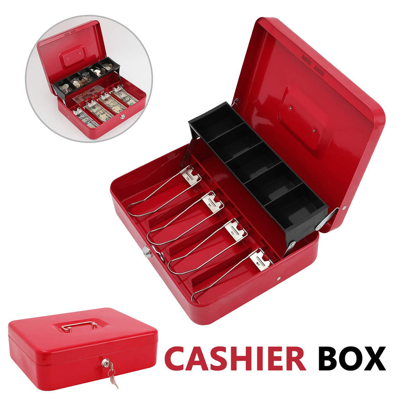 xydled Cash Box with Money Tray and Key Lock,Money lock box with Cash Tray,Safe Lock Box with Key,Tiered,4 Bill / 5 Coin Slots,11.8" x 9.5" x 3.5",Red