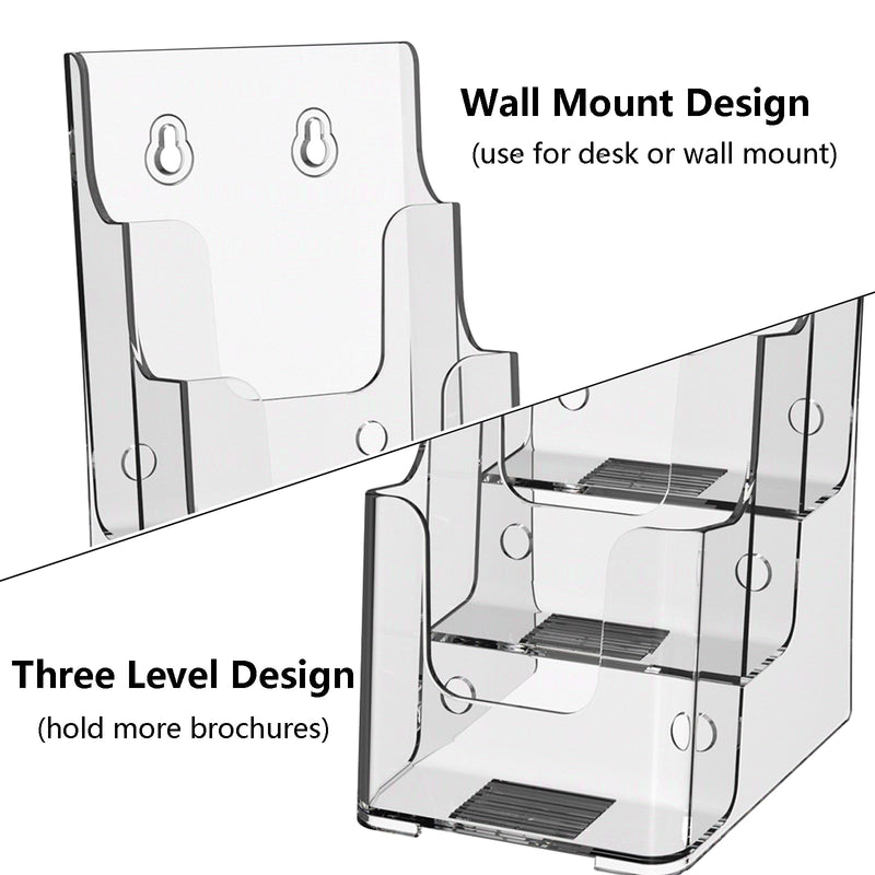 Cimlaga Acrylic Brochure Holder, 3 Tier Brochure Display Stand 4-Inch Wide Clear Literature Holder Plastic Pamphlet Holder Multi Pocket, Wall Mount or Countertop Use(2 Pack)