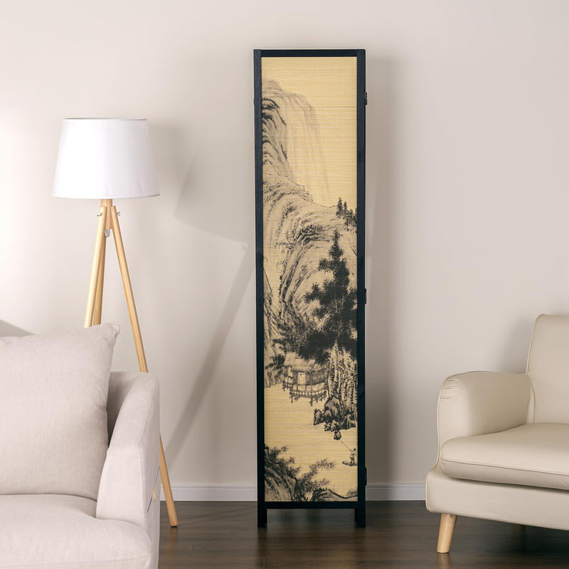 MyGift Decorative 6 Panel Folding Room Divider Bamboo Screen with Chinese Calligraphy Design, Freestanding Floral Artwork Room Partitioner with Black Wood Frame