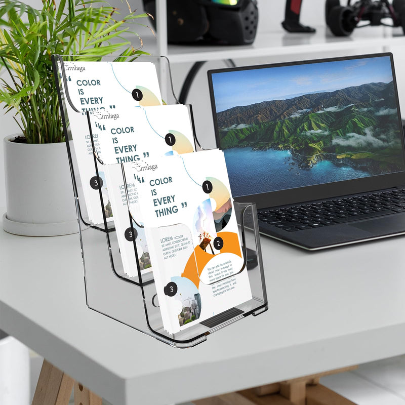 Cimlaga Acrylic Brochure Holder, 3 Tier Brochure Display Stand 4-Inch Wide Clear Literature Holder Plastic Pamphlet Holder Multi Pocket, Wall Mount or Countertop Use(2 Pack)