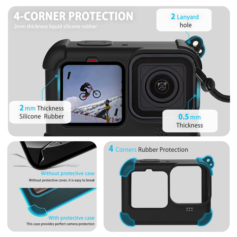 FitStill Black Silicone Sleeve Case for Go Pro Hero 12/Hero 11/Hero 10/Hero 9 Black,Battery Side Cover&Screen Protectors& Lens Caps&Lanyard for Go Pro Hero 12/11/10/9 Black Accessories Kit