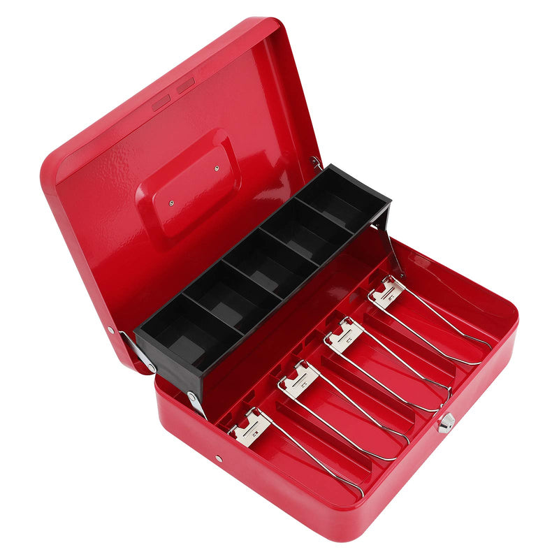 xydled Cash Box with Money Tray and Key Lock,Money lock box with Cash Tray,Safe Lock Box with Key,Tiered,4 Bill / 5 Coin Slots,11.8" x 9.5" x 3.5",Red