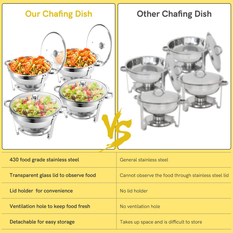 BriSunshine Chafing Dish Buffet Set 6 Packs, 5 QT Stainless Steel Round Chafing Dishes with Glass Lid & Lid Holder, Food Warmer For Parties Buffet Weddings Catering Events