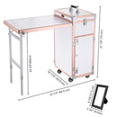 Foldable Rolling Manicure Table Nail Desk Makeup Train Case Cosmetic Trolley Travel Storage Organizer Nail Tables with 4 Drawers Mirror & Speaker for Technician Workstation Salon, Rose Gold
