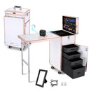 Foldable Rolling Manicure Table Nail Desk Makeup Train Case Cosmetic Trolley Travel Storage Organizer Nail Tables with 4 Drawers Mirror & Speaker for Technician Workstation Salon, Rose Gold