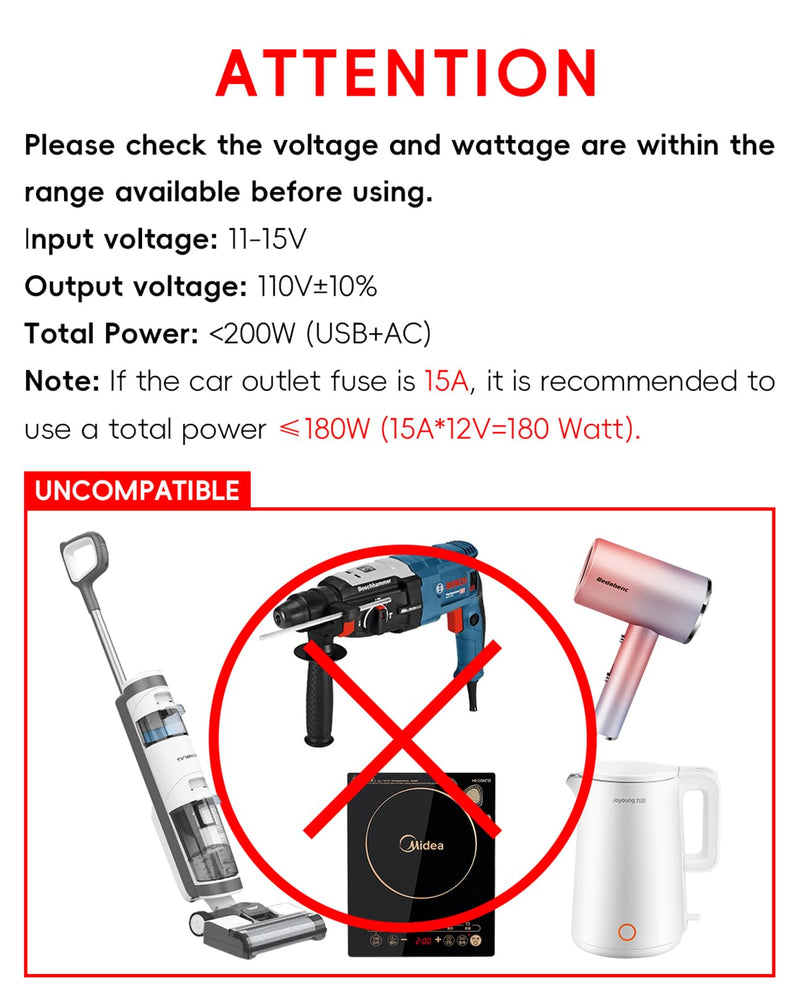 YSOLX 200W Car Power Inverter, DC 12V to 110V AC Inverter, Car Charɡer Adapter with [20W USB-C]/USB-QC(18W)/4.8A Dual USB/Dual AC Outlet, Car Pluɡ Adapter Outlet for Laptop/Road Trip