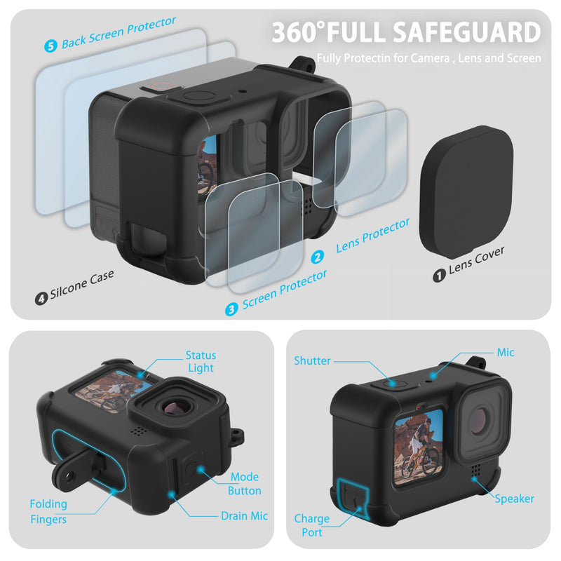 FitStill Black Silicone Sleeve Case for Go Pro Hero 12/Hero 11/Hero 10/Hero 9 Black,Battery Side Cover&Screen Protectors& Lens Caps&Lanyard for Go Pro Hero 12/11/10/9 Black Accessories Kit