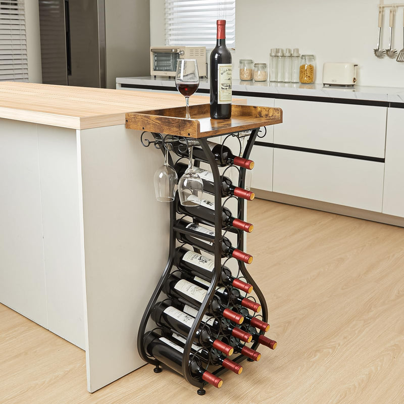 X-cosrack Wine Rack Freestanding Floor, Mini Bar Table Wine Holder Stand Liquor Cabinet with Glass Holder Wood Tabletop 14 Bottles Floor Wine Storage for Home Bar Kitchen Dining Living Room