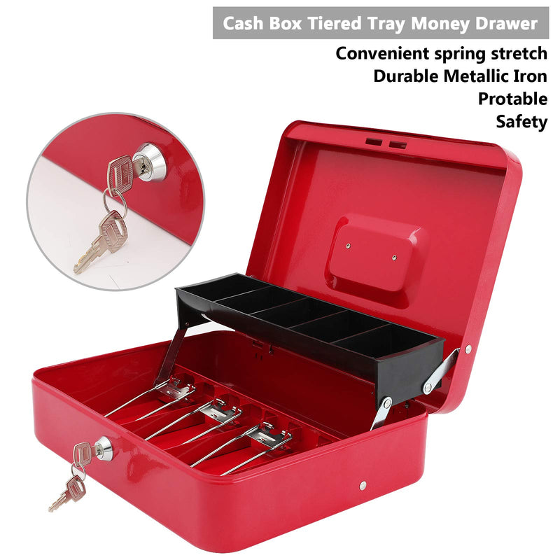 xydled Cash Box with Money Tray and Key Lock,Money lock box with Cash Tray,Safe Lock Box with Key,Tiered,4 Bill / 5 Coin Slots,11.8" x 9.5" x 3.5",Red