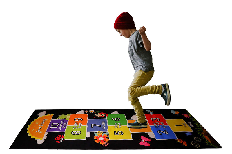 Mambu Essentials Hopscotch Rug - Kids Rug - Playroom rug for kids room, Daycare, Nursery - Cute Indoor or Outdoor Play Carpet for Children - Fun, Educational Games for Boys & Girls (Black)
