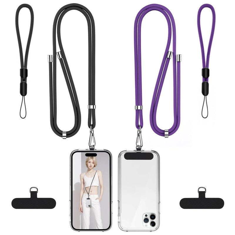 takyu Phone Lanyard, 2 Pack Adjustable Cell Phone Lanyard Crossbody Neck Strap & 2 Pack Wrist Strap with Tether Tabs Compatible for iPhone Android Smartphones- DarkPule Black