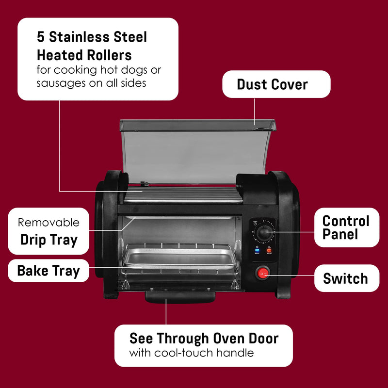 Elite Gourmet EHD-051B Hot Dog Toaster Oven, 30-Min Timer, Stainless Steel Heat Rollers Bake & Crumb Tray, World Series Baseball, 4 Bun Capacity, Black