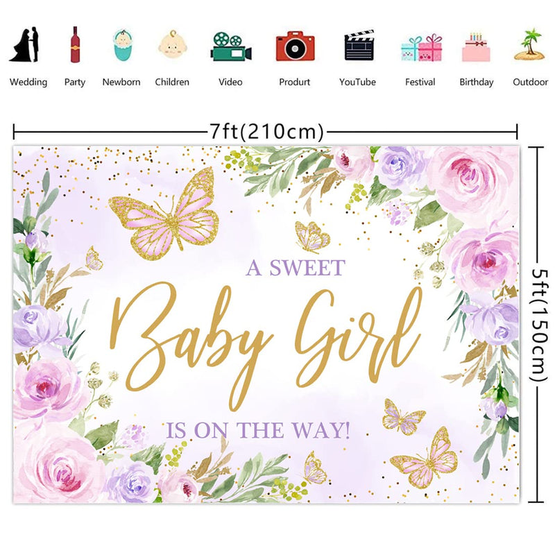 Wollmix Butterfly Baby Shower Decoration for Girl Backdrop 7x5ft A Sweet Baby Girl is on The Way Purple Florals Flowers Photography Background Gold Dots Princess Banner Photo Booth Supplies Props