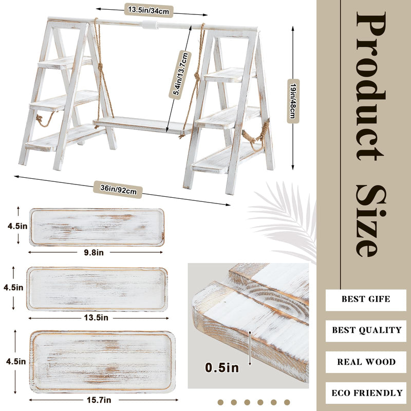 Beeveer Wooden Double 3 Tier Serving Tray Serving Ladder Stand with Serving Platter Tray Party Food Display Set for Cake Snack Fruit Chips Bread Centerpieces (Dark Walnut,20 x 30 Inches)