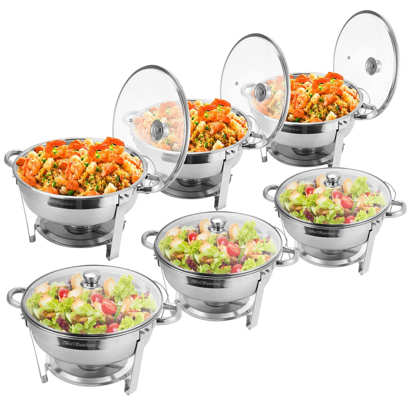 BriSunshine Chafing Dish Buffet Set 6 Packs, 5 QT Stainless Steel Round Chafing Dishes with Glass Lid & Lid Holder, Food Warmer For Parties Buffet Weddings Catering Events