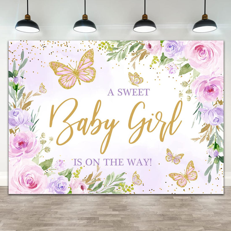 Wollmix Butterfly Baby Shower Decoration for Girl Backdrop 7x5ft A Sweet Baby Girl is on The Way Purple Florals Flowers Photography Background Gold Dots Princess Banner Photo Booth Supplies Props