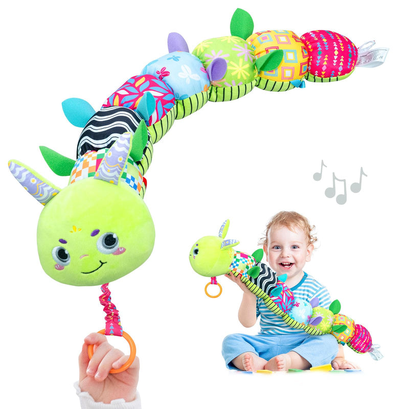 Infinno Baby Musical Stuffed Sensory Toys for Girls and Boys, Infant Soft Security Toys for Newborns 0-3-6-12 Months with Crinkle and Rattles, Caterpillar, Green