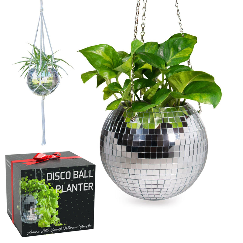 SCANDINORDICA Disco Ball Planter – Value Package: Disco Planter with Chain, Macrame Hanger and Acrylic Stand, Includes Self Watering Insert, Preppy Room Decor, Funky Decor | 8 inch Silver