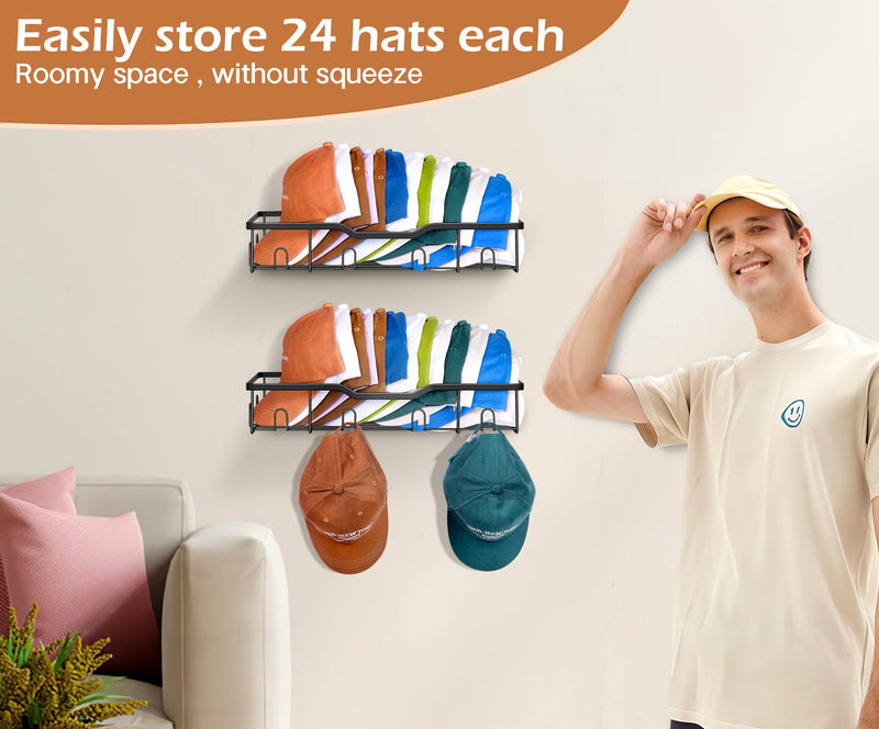 KEETDY Metal Hat Racks for Baseball Caps Wall Hat Organizer Fit 20 Caps Holder, 2 Packs Sturdy Wall Mounted Hat Storage Organizer, Black